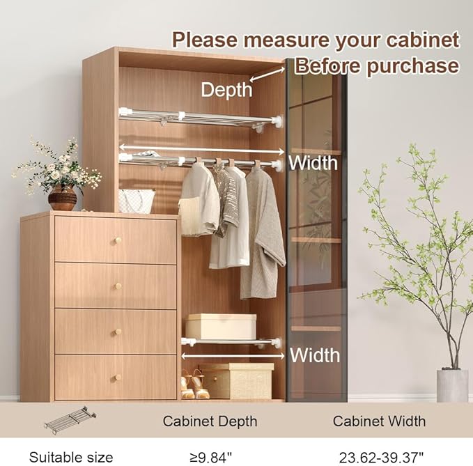 Hershii Tension Shelf Expandable Rod Closet Tension Shelf for Cabinet | Closet System Heavy Duty Clothes Hanger Adjustable DIY Storage Organizer Shoe Rack 23.62 - 39.37 inches