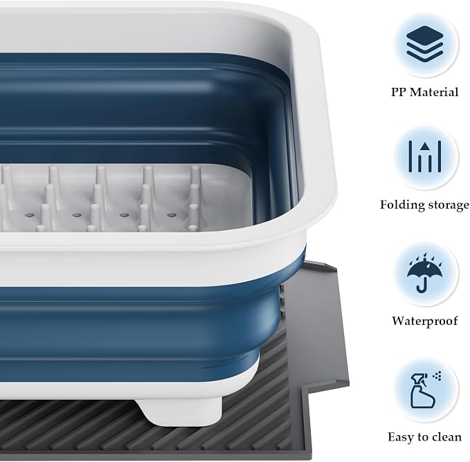 Dish Rack,Drying Rack Kitchen, Dish Racks for Kitchen Counter, Collapsible Dish Drying Rack—Suitable for Kitchens, motorhomes, Yachts, Campers - Blue-White (with Silicone Drain Pad)