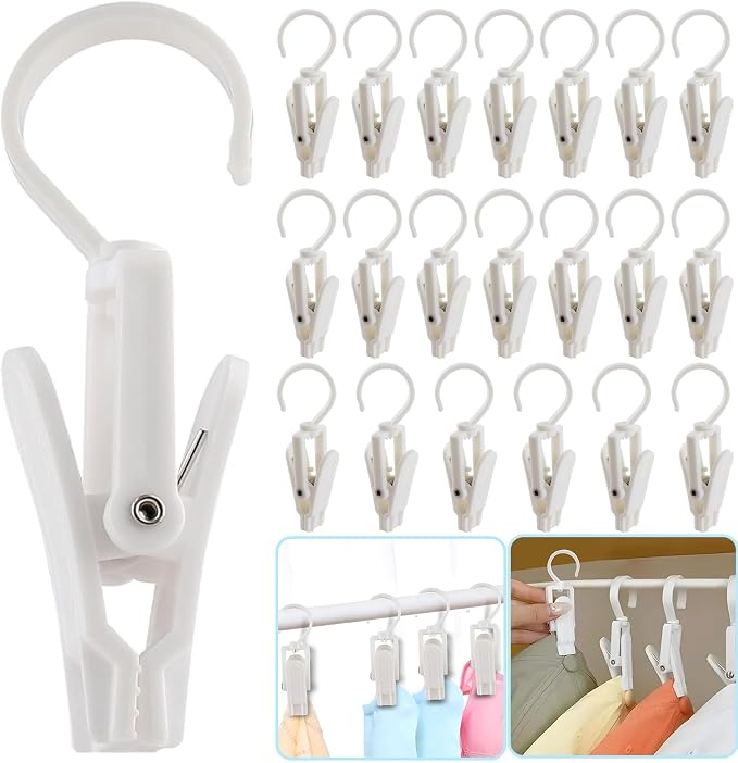 20 PCS Laundry Hooks with Clips Super Strong Plastic Home Travel Swivel Hanging Hanger Closet Organizer Clamps Socks Boot Bras Towels for Bathroom Wardrobe Kitchen Office - 4.3 Inches (White)