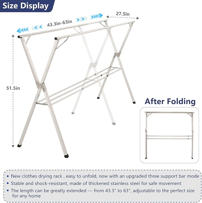 shengshi 63in Foldable Clothes Drying Rack,3 Additional Reinforcement Bars | Heavy Duty Stainless Steel Laundry Drying Rack Indoor Outdoor, Adjustable Length Clothes Rack with 20 Windproof Hooks