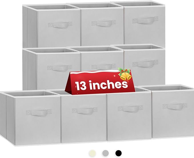 Criusia Large Storage Cubes, 13 Inch Cube Storage Bins for Shelves Closet Nursery Bedroom - 10 Pack Collapsible Storage Baskets with Handles - Fabric Bins for Organizing Magazines Clothes Toys (Grey)