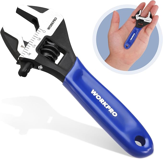 WORKPRO 4-Inch Mini Adjustable Wrench, Wide Jaw Cr-V steel Wrench | Black Oxide Finish, Metric & SAE Scales, Compact Size for Small Nuts, Home Projects, Workshop and DIY Tasks.
