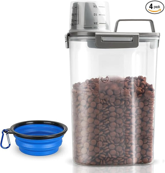 TIOVERY Upgraded Dog Food Storage Container Small, Cat Food Container Airtight, Pet Food Container Dispenser with Pour Spout, Measuring Cup and 4 Seal Buckles for Dogs, Cats, Birds (Grey)