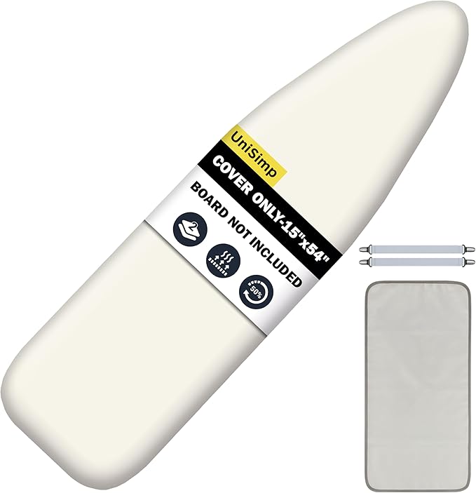 UniSimp Ironing Board Cover and Pad 15"x54" Extra Thick Natural Cotton, Scorch and Stain Resistant Padding,Standard Size Iron Board Cover with Fasteners Heavy Duty Elastic Edge, Beige