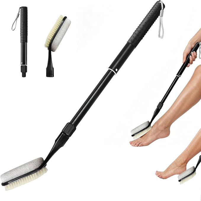 Foot Pumice Stone for Feet, Foot Pumice Stone Scrubber Shower Feet Dead Skin Remover with Long Handle Adjustable 17”-25”, Foot Cleaning Brush for Seniors, Pregnant, Disabled, Men and Women
