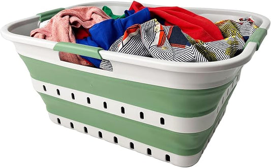 SAMMART 42 (11 Gallons) Collapsible Plastic Laundry Basket, Foldable Pop Up Storage Container/Organizer, Space Saving Hamper, Portable Bin for Dorm Room Bathroom (1, Grey/Dark Sea Green)