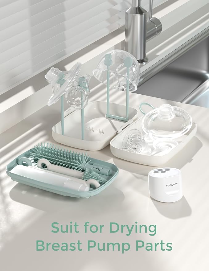 Momcozy Bottle Brush Set - Baby Bottle Cleaner Kit with Silicone Brush, Nipple Brush, Straw Brush, Soap Dispenser, Drying Rack - 7 in 1 Bottle Cleaning Tool for Home and Travel, Green