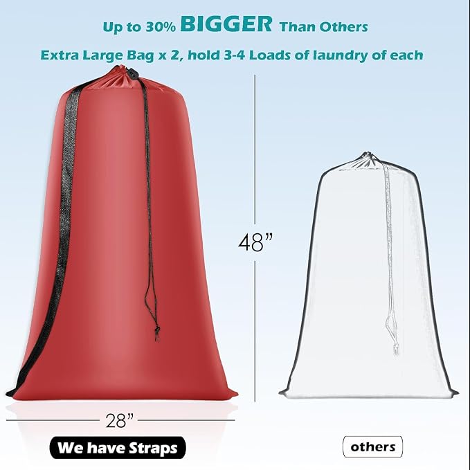 Coomee Heavy Duty Laundry Bag, 2 Pack XL Nylon Laundry Bags with Straps | Extra Large Laundry Bags, Drawstring Closure, Washable Large Dirty Clothes Organizer, Travel Bag Fits a Laundry Hamper