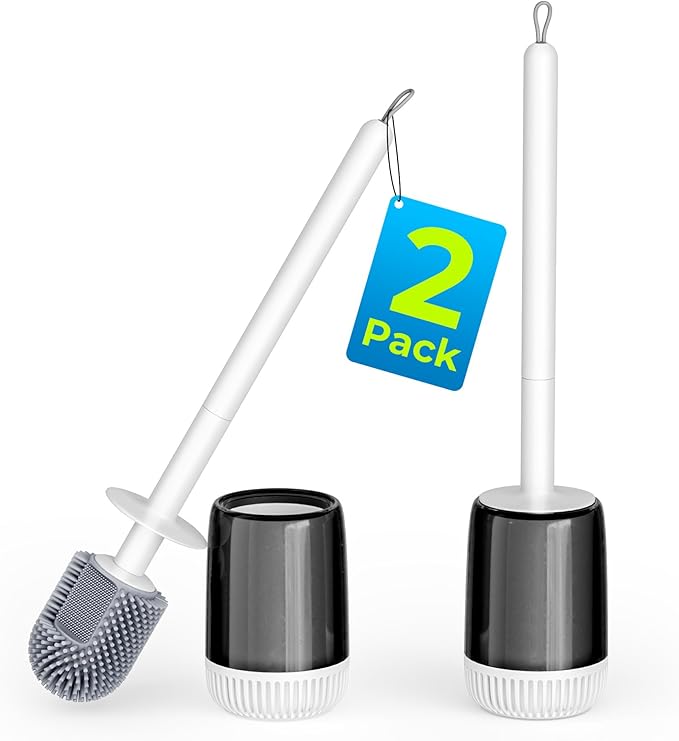 Silicone Toilet Brush, L-Shaped Toilet Brush and Holder Set, Bathroom Toilet Brush with Long Non-Slip Handle, Wall Mounted or Floor Standing Design, for Home and RV Use