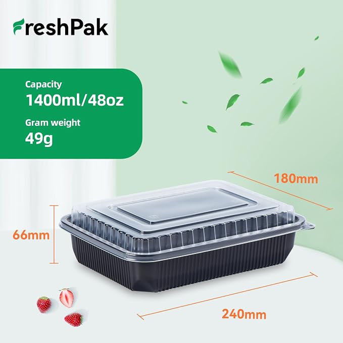 40-Pack 48oz Meal Prep Containers - Shrink Wrap Ready To Use | Large Leakproof Single Compartment To Go Boxes | BPA-Free, Microwave & Freezer Safe | Heavy-Duty Catering & Leftover Storage