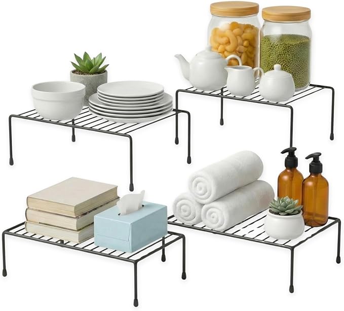 Evelots Wire Shelf Organizer, Large Metal Cabinet Risers, 4-Pack, Black | Four large rustproof metal shelf organizers create extra storage space in kitchen cabinets, pantries, freezers and bathrooms.