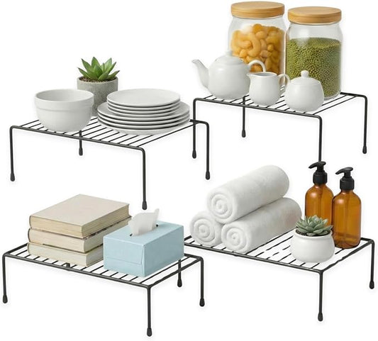 Evelots Wire Shelf Organizer, Large Metal Cabinet Risers, 4-Pack, Black | Four large rustproof metal shelf organizers create extra storage space in kitchen cabinets, pantries, freezers and bathrooms.