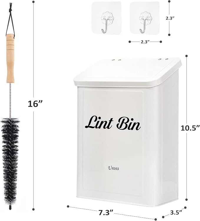 Uross Magnetic Lint Bin with Lint Brush, Metal Wall Mounted Dryer Lint Box Holder Keeper Organization with Lid, Stylish Laundry Room Decor -White