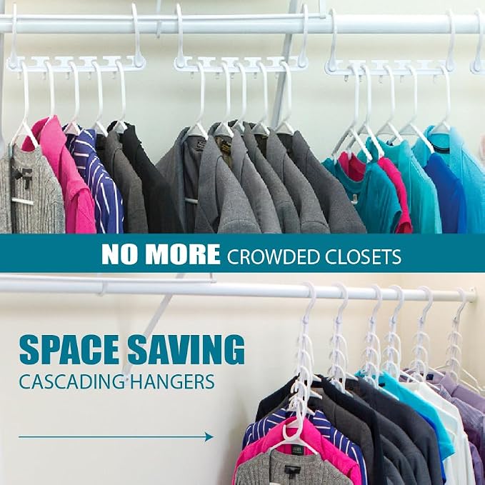 Wonder Hanger Max 10-Pack Space-Saving Hangers, 360° Hooks, White | Maximize closet space with 10 assembled cascading hangers and reinforced 360° swivel hooks—ideal for dorms and storage.