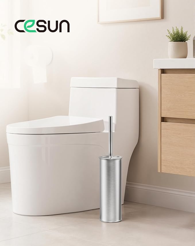 Cesun Toilet Brush and Holder Set with 2 Brush Heads, Curved Toilet Bowl Brush for Under Rim Cleaning, 304 Stainless Steel Holder, Long Handle Toilet Scrubber, Silver
