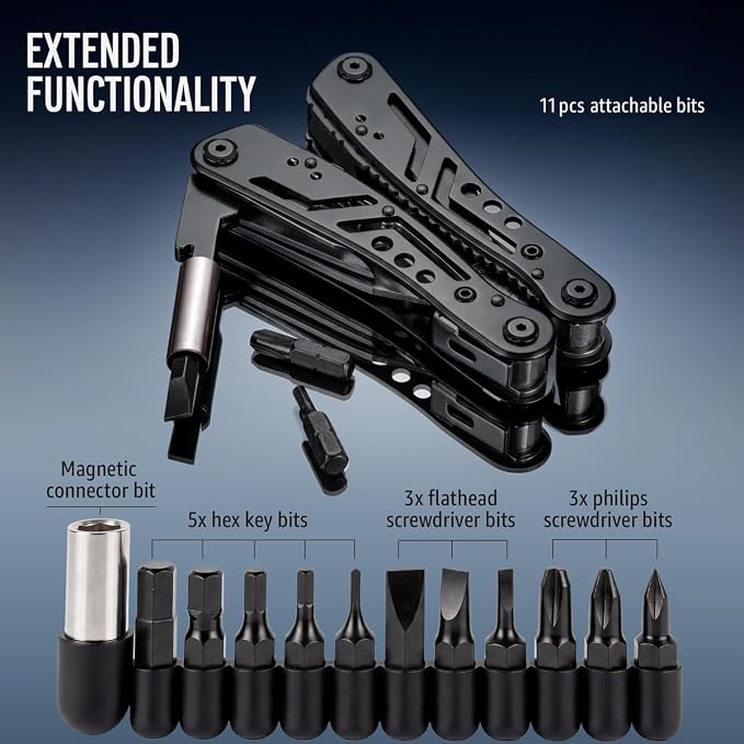 24-in-1 Multitool with Knife, Pliers & 11 Magnetic Bits - Black Stainless Steel Multi Tool for Camping, Hiking, EDC - Gift for Men 2238B