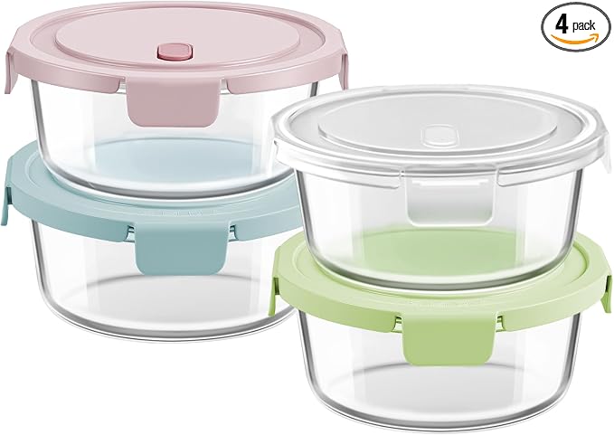 4 Cup/32oz Borosilicate Glass Meal Prep Containers with Vented Lids, 4 PACK | Airtight Leak Proof, Food Grade, Microwave Dishwasher Oven Freezer Safe, BPA-Free, Lunch Soup Leftover Food Storage, Round