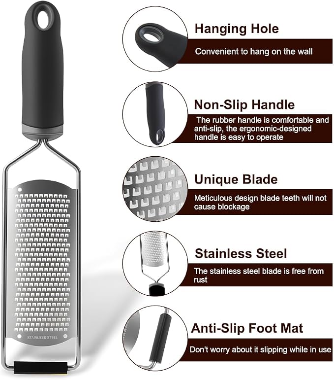 Upgraded Lemon Zester & Cheese Grater, Food Grade Stainless Steel None-Slip Hand Fine Grater for Garlic, Ginger, and Chocolate, Durable and Easy-To-Clean（Dishwasher Safe）