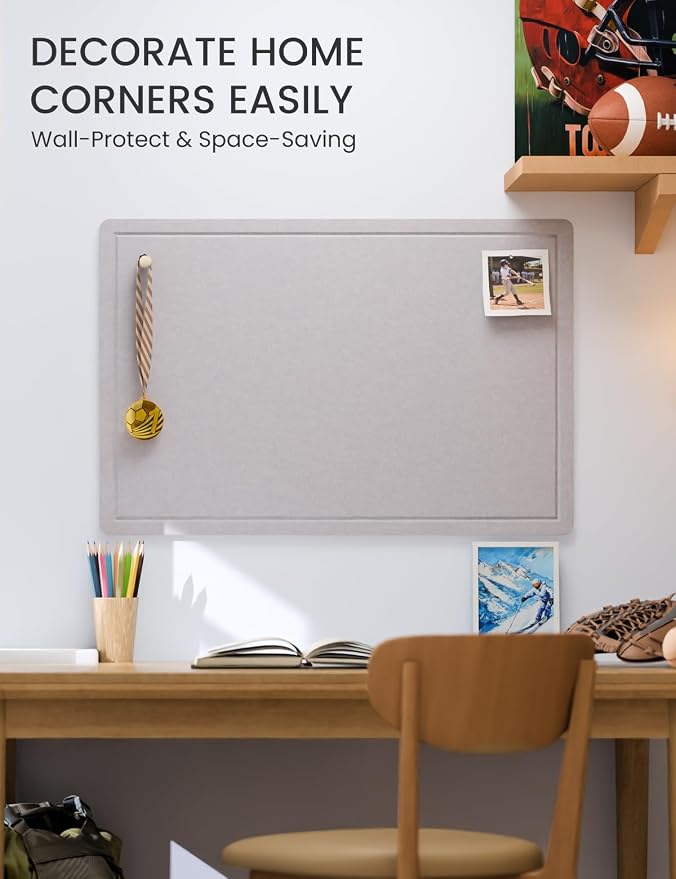 Fluxynara 35.4" x 23.6" Bulletin Board, Soft Gray | Cork Board Alternative with 12 Removable Adhesive Tabs, Foldable Felt Pin Board for Home, Office, Classroom & Dorm