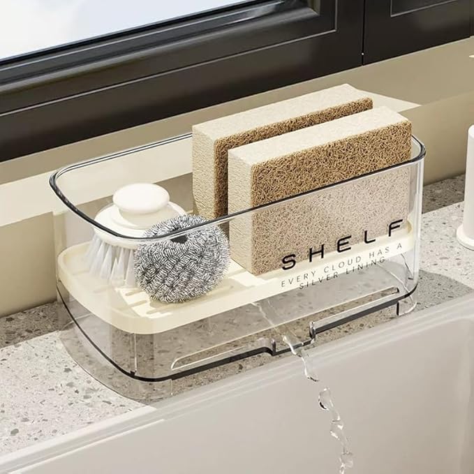 Sponge Holder for Kitchen Sink, Clear Acrylic Sink Organizer with Auto-Draining Tray, Countertop Sink Caddy for Sponges, Soap, Brush & Cleaning Tools