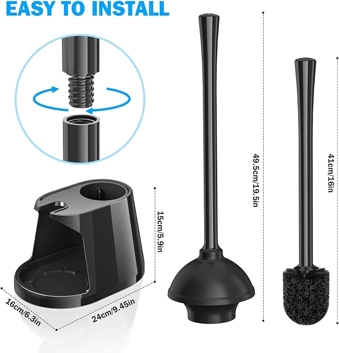 Toilet Plunger and Brush Set, Bowl Brush and Heavy Duty Toilet Plunger with Ventilated Holder, 2-in-1 Toilet Brush and Plunger Combo for Bathroom Deeply Cleaning（Black）