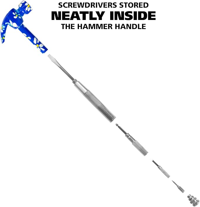 GreatNeck 5-in-1 Hammer, Built in Multitool Screwdriver, Chrome Plated | Includes Four Screwdrivers and One Hammer, Rust Resistant, Great for Household Projects, Lightweight and Easy to Use
