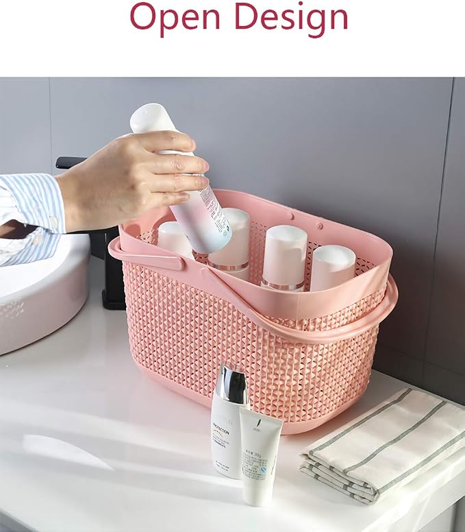 Plastic Protable Shower Caddy Basket, Storage Organizer with Handle, Pink | Bottom Drain Holes, Keep Dry, Sturdy and Durable, Easy to Carry for Bathroom, Kitchen, Dorm Room, RV, College