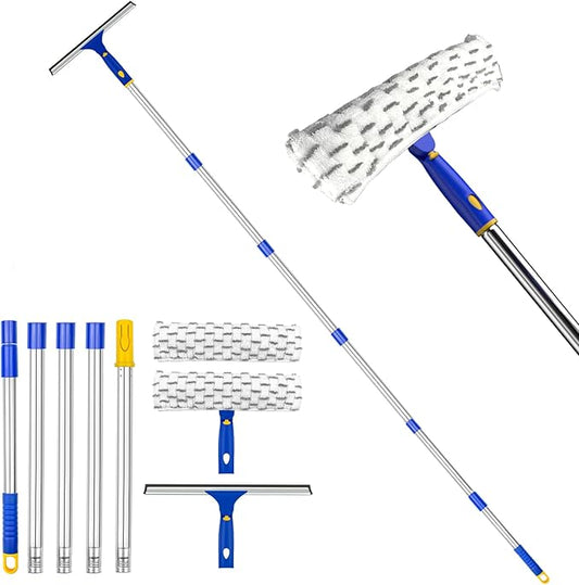 81" Window Squeegee Cleaner, Window Cleaning Tool Kit,12" Squeegee and 11" Microfiber Scrubber Combi with Stainless Steel Pole for Car,Sliding Door,Shower Glass Door-Swivel Style-2 Pads