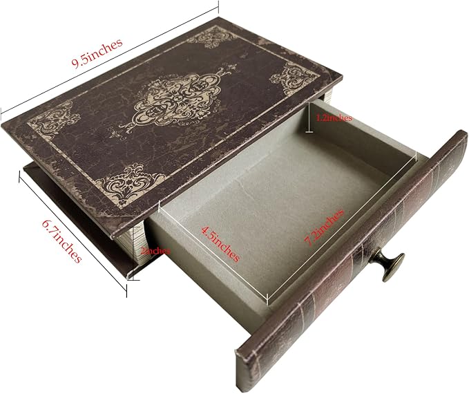 Vintage Decorative Book Storage Box with Drawer, Distressed Dark Brown Faux Leather Finish with Ornate Pattern, Hidden Keepsake Case for Desk or Bookshelf Display 9.5″ x 6.7″ x 2″