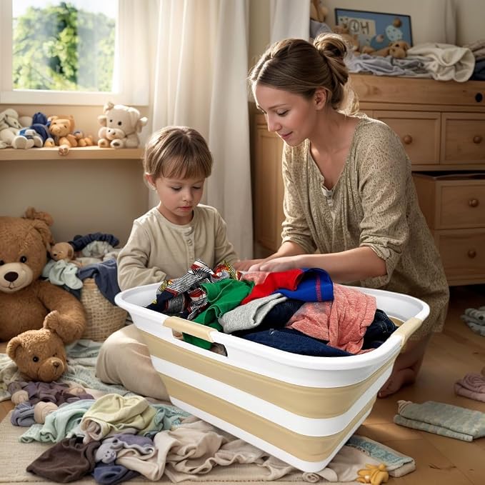 SAMMART 42 (11 Gallons) Collapsible Plastic Laundry Basket, Foldable Pop Up Storage Container/Organizer, Space Saving Hamper, Portable Bin for Dorm Room Bathroom (2, White/Beige)
