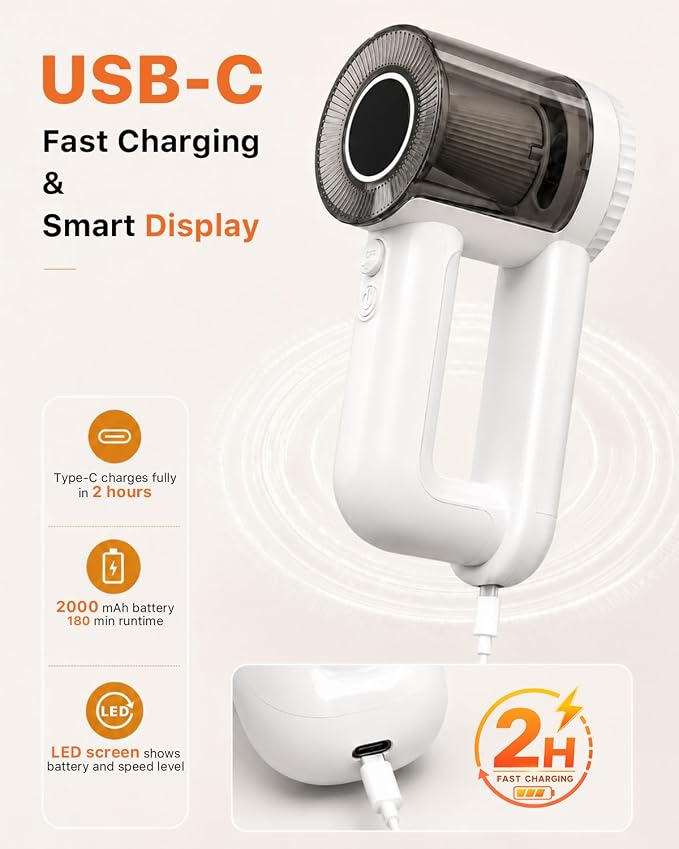 Fabric Shaver Rechargeable, 9500RPM Electric Lint Remover with 3× Stainless Steel 6-Blade Heads, 3-Speed Adjustable for Clothes, Furniture, Sofa, Blanket, LED Display, 2-in-1 Lint Brush Included
