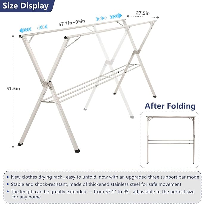 shengshi 95in Foldable Clothes Drying Rack,3 Additional Reinforcement Bars | Heavy Duty Stainless Steel Laundry Drying Rack Indoor Outdoor, Adjustable Length Clothes Rack with 20 Windproof Hooks