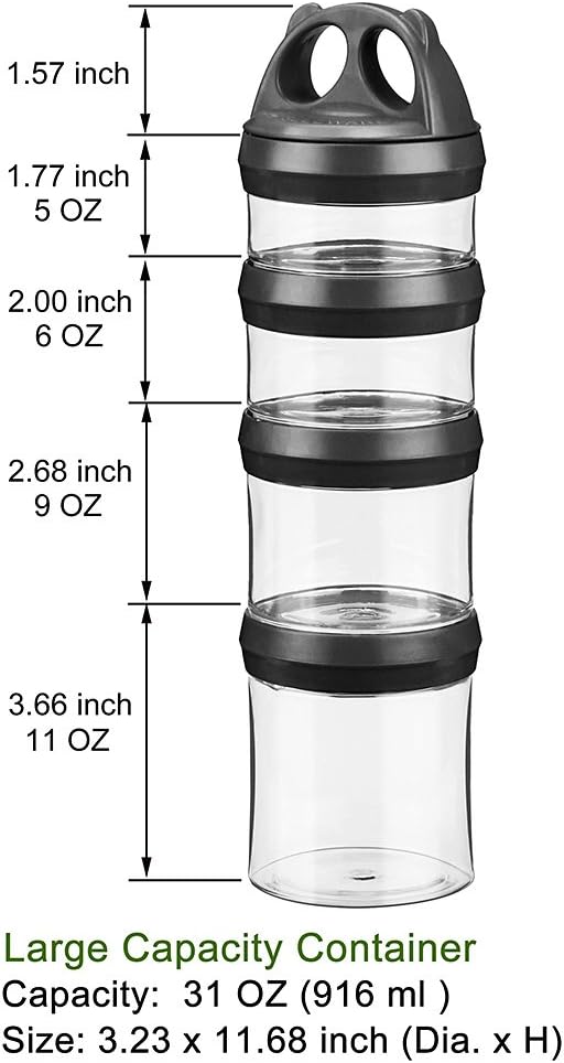 SELEWARE Black Stackable Snack Containers for Kids Toddlers Adults, 31oz | Portable Food Storage Containers for Snacks Formula Powder Drinks and Travel, Twist Lock System Airtight Leak-proof BPA Free