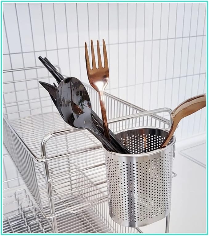 HOME&I Silverware Drying Basket for Dish Rack, Compact Oval SUS 304 Stainless Steel Hanging Utensil Holder, Cutlery Caddy for Kitchen Sink & Countertop