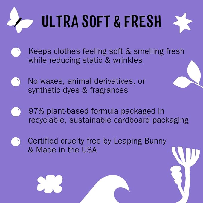 Molly's Suds Fabric Softener Dryer Sheets for Sensitive Skin | Plant-Based Static Reducer, Plastic-Free Packaging | Lavender (120 Sheets)