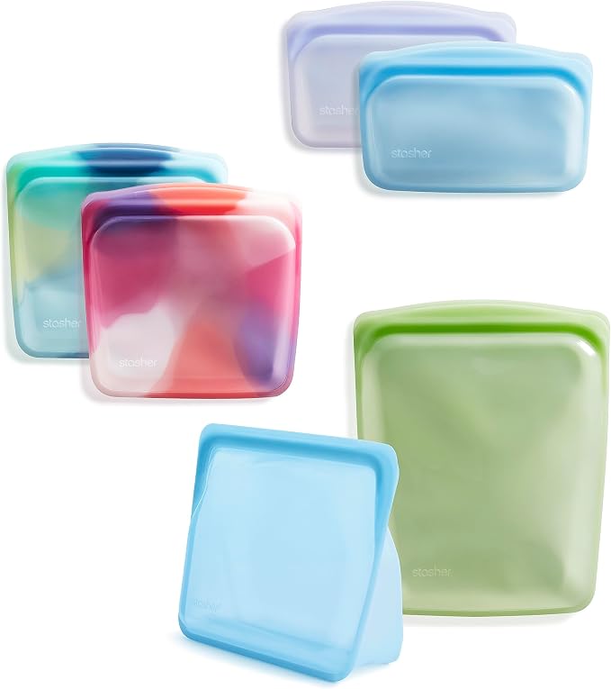 Stasher Premium Reusable Silicone Food Storage Bags, 5-Pack, Tie Dye | Food-Safe Silicone, Eco-Friendly, Reusable Freezer Bags, Microwave, Dishwasher, Oven, Snack Bags, Lunch Containers, Meal Prep
