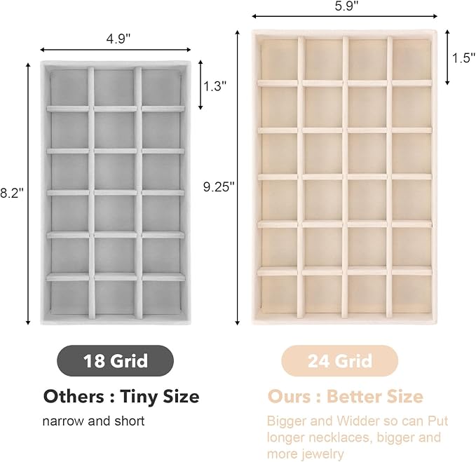 Jewelry Drawer Organizer Tray Set of 4 Stackable Velvet Jewelry Trays Drawer Inserts Organizer Case Set for Women Jewlery Storage Display Tray for Earrings, Rings, Necklaces, Bracelets, Watch (Beige)