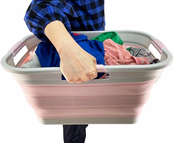 SAMMART 30L (8 gallon) Collapsible Plastic Laundry Basket-Foldable Pop Up Storage Container/Organizer-Portable Washing Tub-Space Saving Hamper/Basket (1, Grey/Pale Pink)