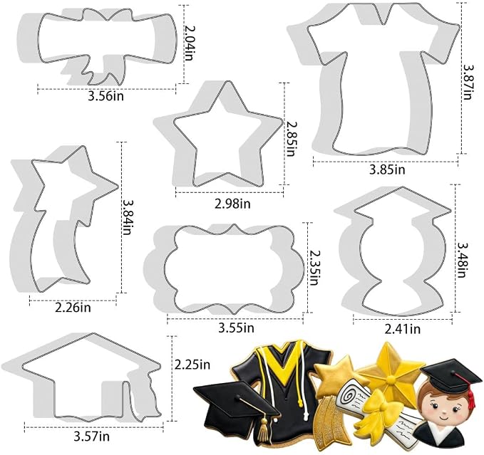 Graduation Cookie Cutters Set of 7, Stainless Steel, Cap Gown Diploma Graduate Star Shapes, for Graduation Celebration Party