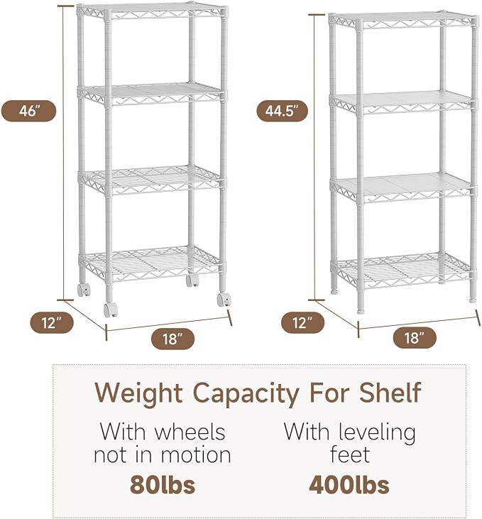 Golpart 4Tier Adjustable Storage Shelves Metal Wire Shelving Standing Shelf | Utility Heavy Duty Unit Rack Closet Organize for Home Kitchen Laundry Room Organization Pantry 11.6"Dx17.6"Wx44"H White