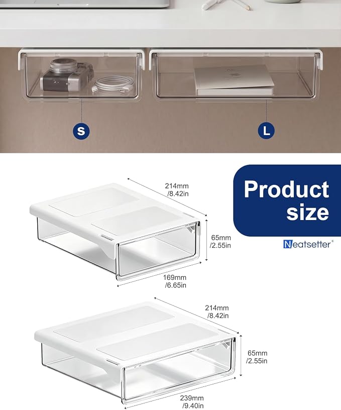 Clear Storage Drawer – 25° Tilted Front, Self-Adhesive Organizer for Bathroom, Kitchen & Office (Small)