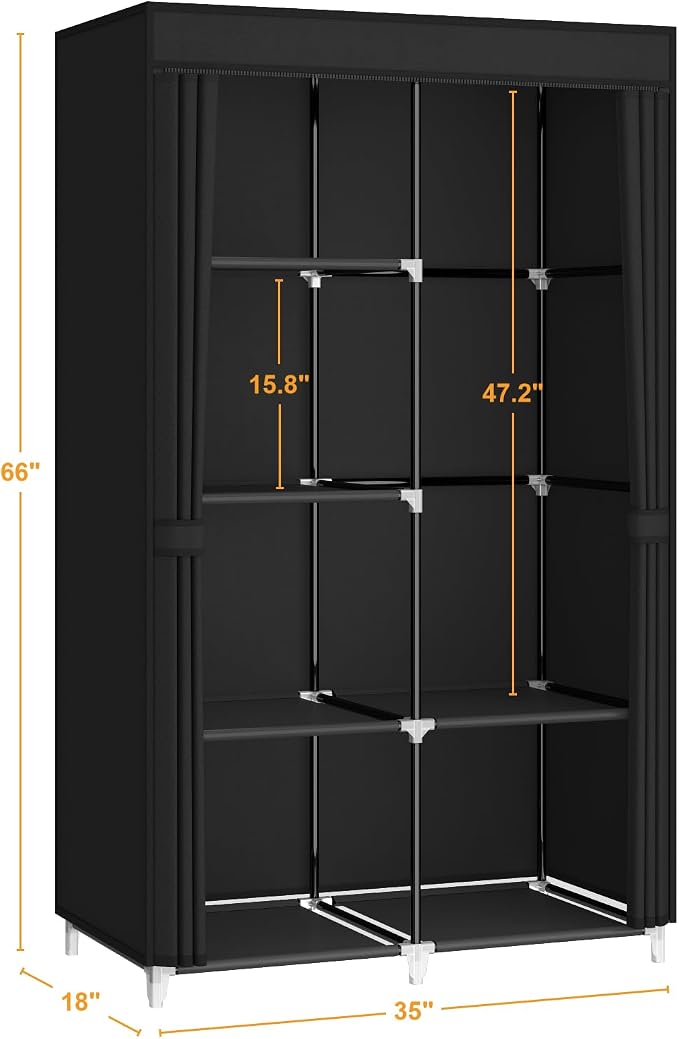 MOGELAFOO 35 Inch Portable Closet for Small Room, Clothing Organizer Storage Rack with Non-Woven Fabric Cover, 1 Clothes Hanging Rod, 6 Storage Shelves, Black