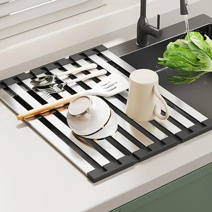 Stainless Steel Roll up Dish Drying Rack, Over Sink Foldable Kitchen Mat, 45cm x 32.5cm Rollable Sink Drainer, Space-Saving Design