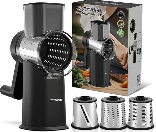 Rotary Cheese Grater Hand Crank with Foldable Handle, 3 Stainless Steel Blades, Perfect Graters for Kitchen, Manual Cheese Shredder Hand Crank with Suction Base, Rotary Grader, (Black)