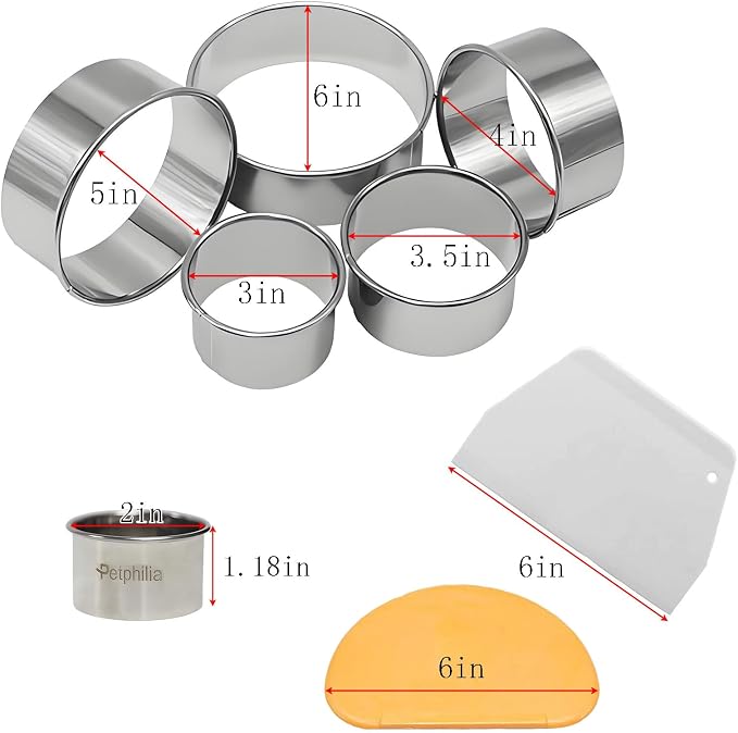 8pc Round & Circle Cookie Cutter Set with 2 Scrapers - 6 Stainless Steel Biscuit Cutters (2"-6", 1.18" Deep) - Includes 6" Bench Scraper & Silicone Bowl Scraper - Tools for Pastry, Donuts & Scones