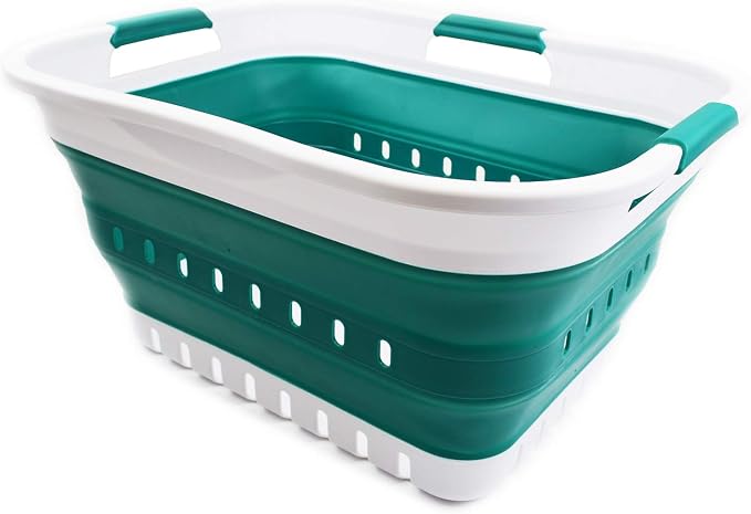 SAMMART Set of 2-30L (8 gallon) Collapsible Plastic Laundry Basket - Foldable Pop Up Storage Container/Organizer - Space Saving Hamper/Basket (2, White/Dark Green)