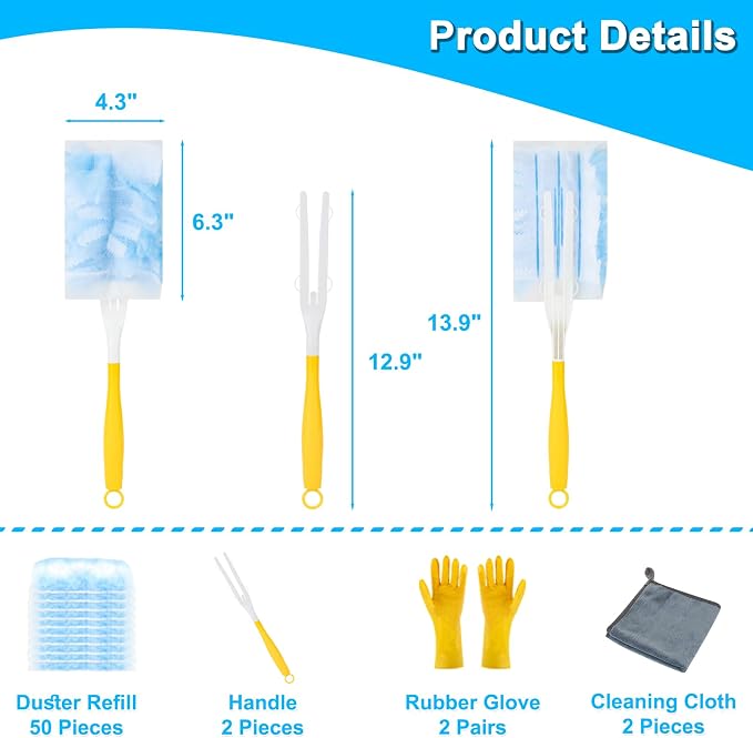 Duster Refill for Cleaning with 2 Handles, Heavy Duty Disposable Duster Kit | 50pack, Unscented Replacement Head Dust Removal Brush, for Electronics, Furniture, Blinds, Ceiling Fans, Walls