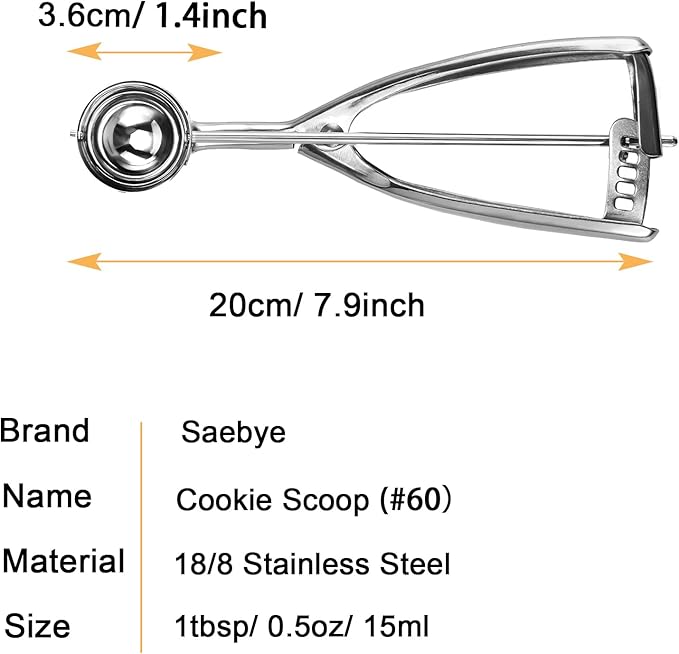 Saebye Small Cookie Scoop, 1 tablespoon Cookie Scoop For Baking, 1 13/32 inches / 36 mm Ball, 18/8 Stainless Steel, Secondary Polishing, For Making Cookie Ice Cream Muffin Meatball Melonball