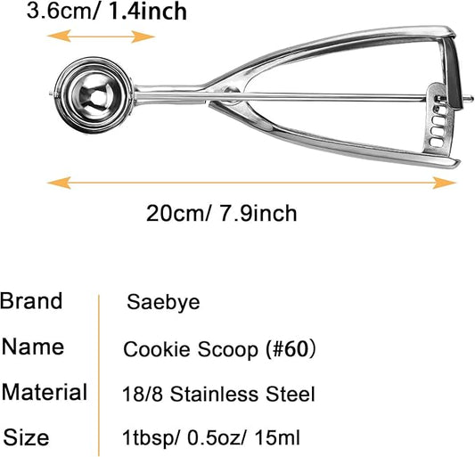 Saebye Small Cookie Scoop, 1 tablespoon Cookie Scoop For Baking, 1 13/32 inches / 36 mm Ball, 18/8 Stainless Steel, Secondary Polishing, For Making Cookie Ice Cream Muffin Meatball Melonball