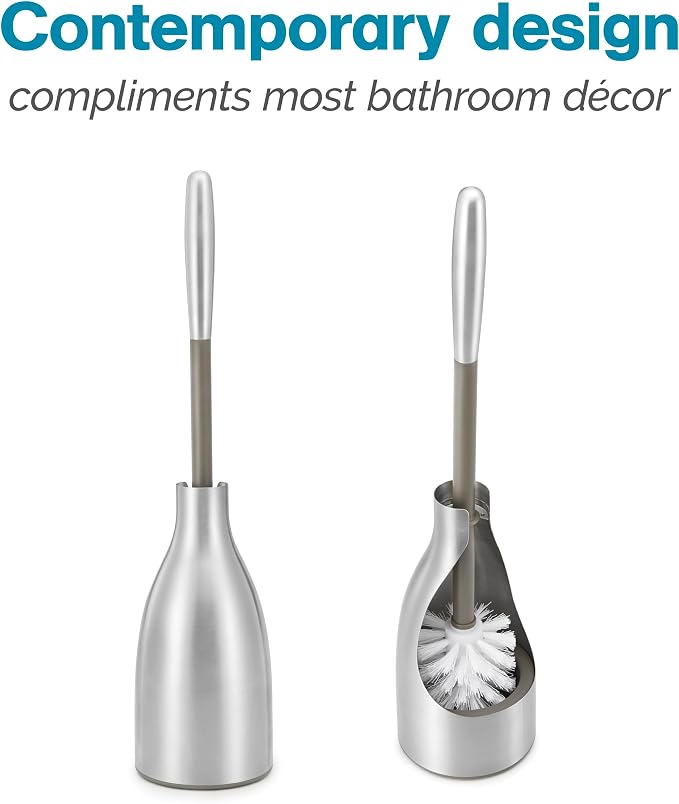 Polder Sleek Stainless Steel Toilet Brush with Caddy, Slim and Discreet Design, Open-Back Design for Odor Control, Rust-Resistant Stainless Steel